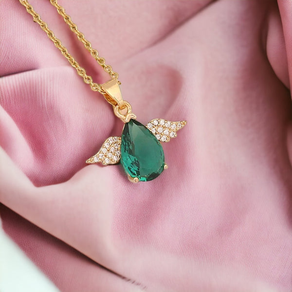 Angel Tear Drop Emerald Gold Necklace