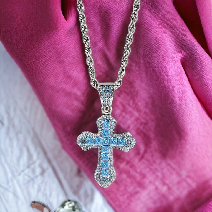 Blue Diamond Cross Necklace Silver