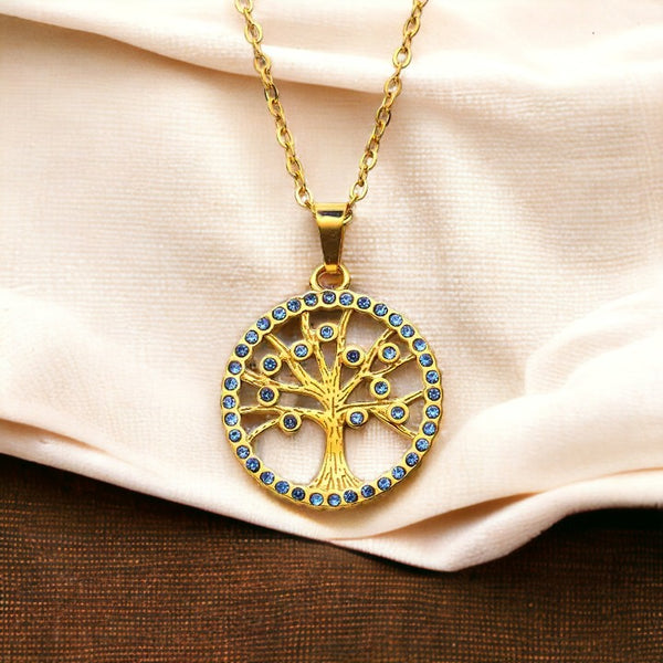 Blue Eternal Tree of Life Gold Necklace