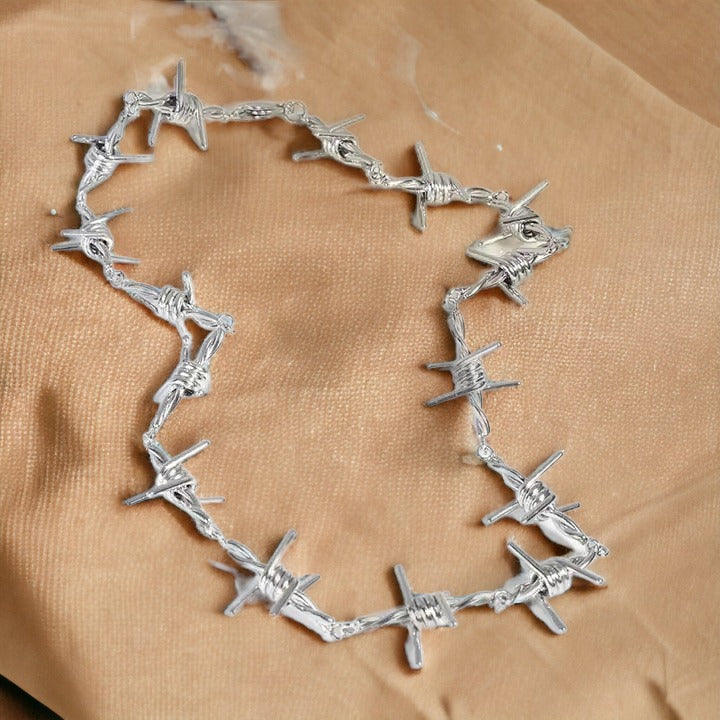 Encrusted Barbed Wire Necklace Silver