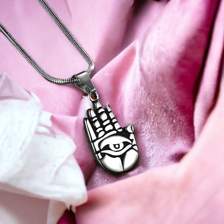 Enigmatic Hand Evil Eye Necklace Silver