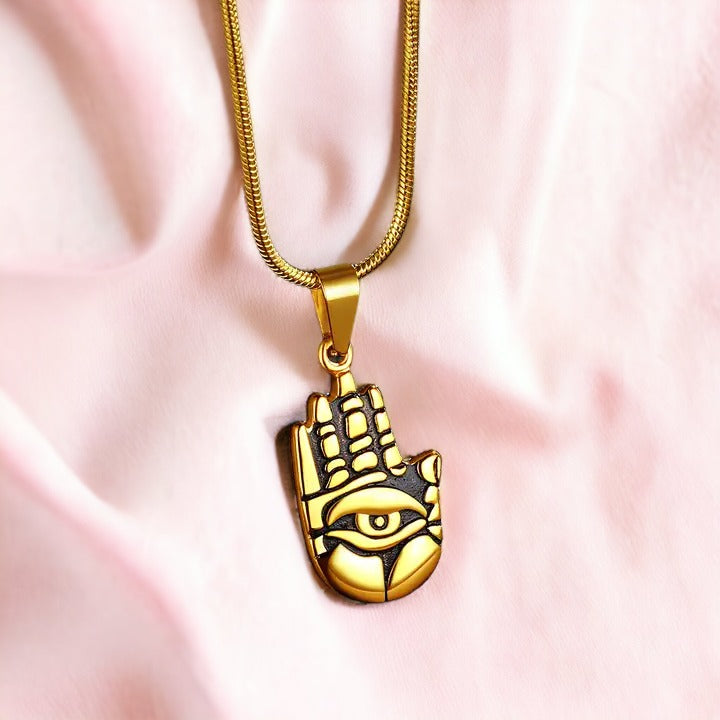 Enigmatic Hand Evil Eye Necklace Gold