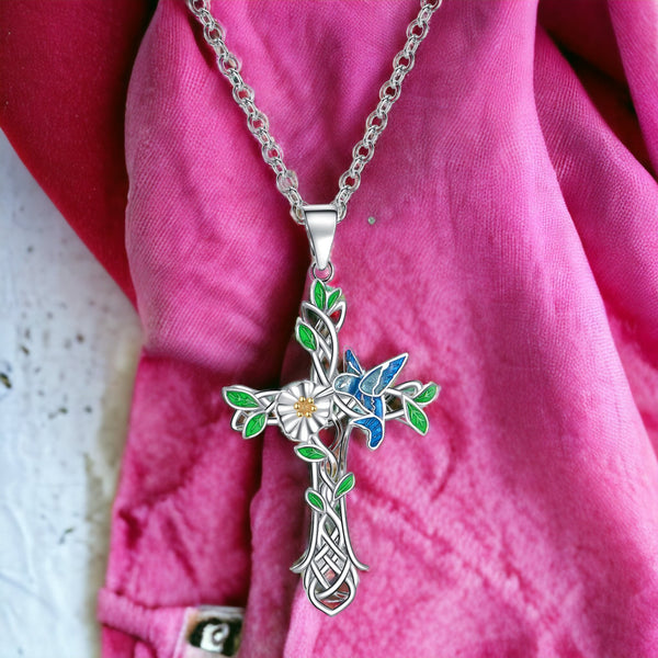 Faithful Flower Cross Necklace Silver