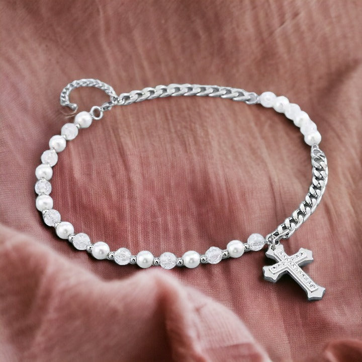 Gleaming Silver Pearl Cross Necklace