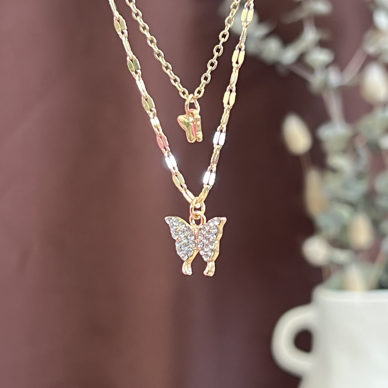 Layered Diamante Butterfly Necklace