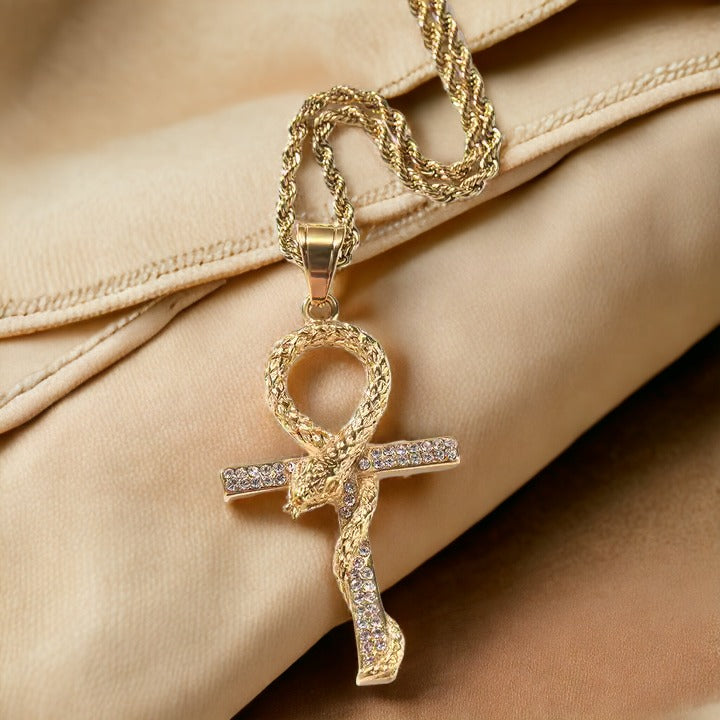 Golden Snake Ankh Egyptian Necklace