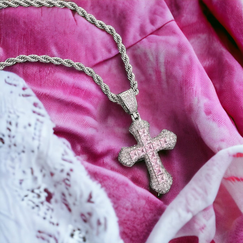 Pink Diamond Jesus Cross Necklace