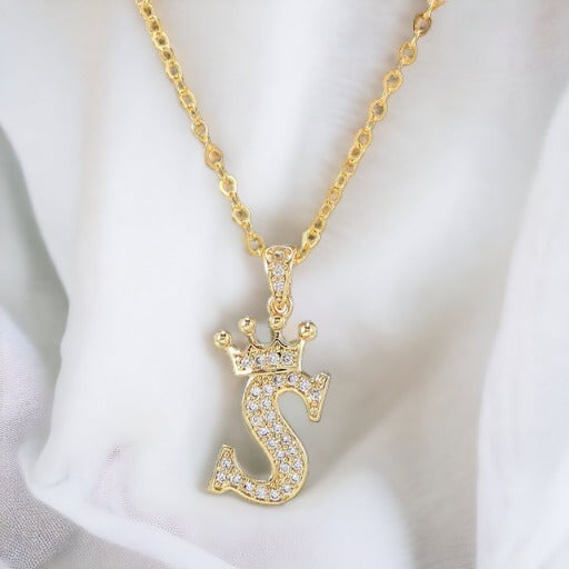 Diamond Crown Initial Letter Necklace