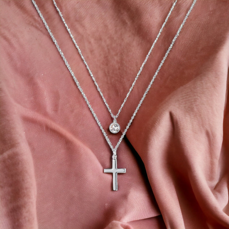 Layered Sacred Path Cross Necklace Silver