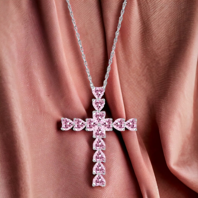 Pink Luminous Silver Jesus Cross Necklace