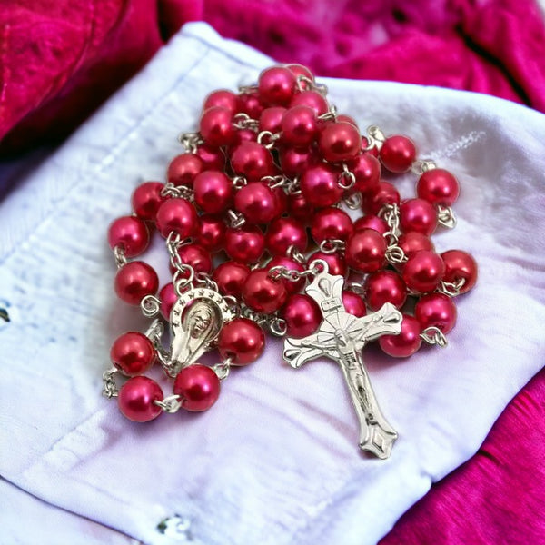 Red Beaded Cross Necklace Silver