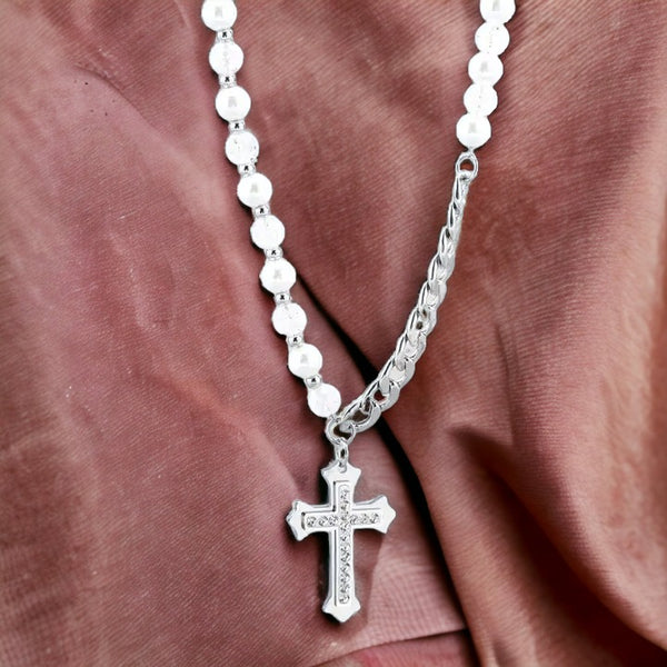 Gleaming Silver Pearl Cross Necklace