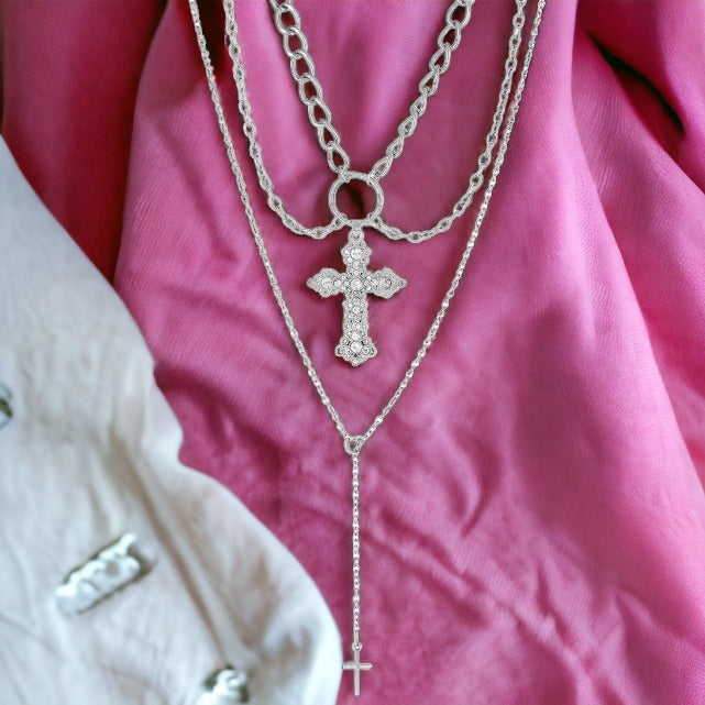 Spirit Layered Cross Necklace Silver