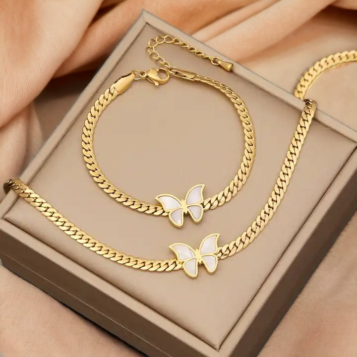 Gold Butterfly Necklace Set With Bracelet