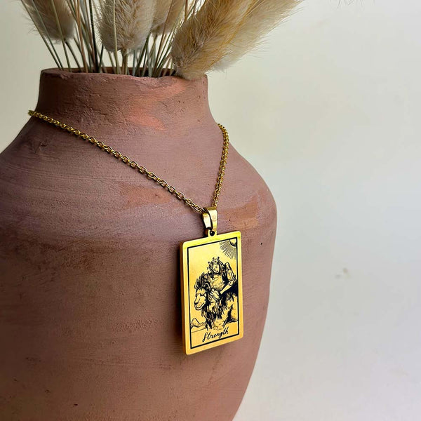 strength vintage tarot card necklace gold